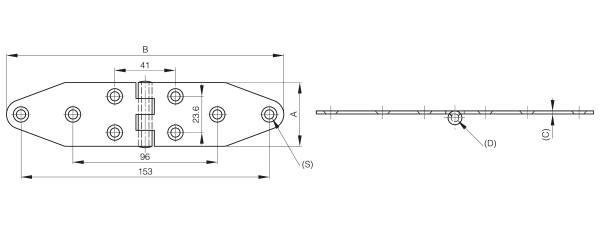 Scharnier für die Bootindustrie 41.5 x 172 mm