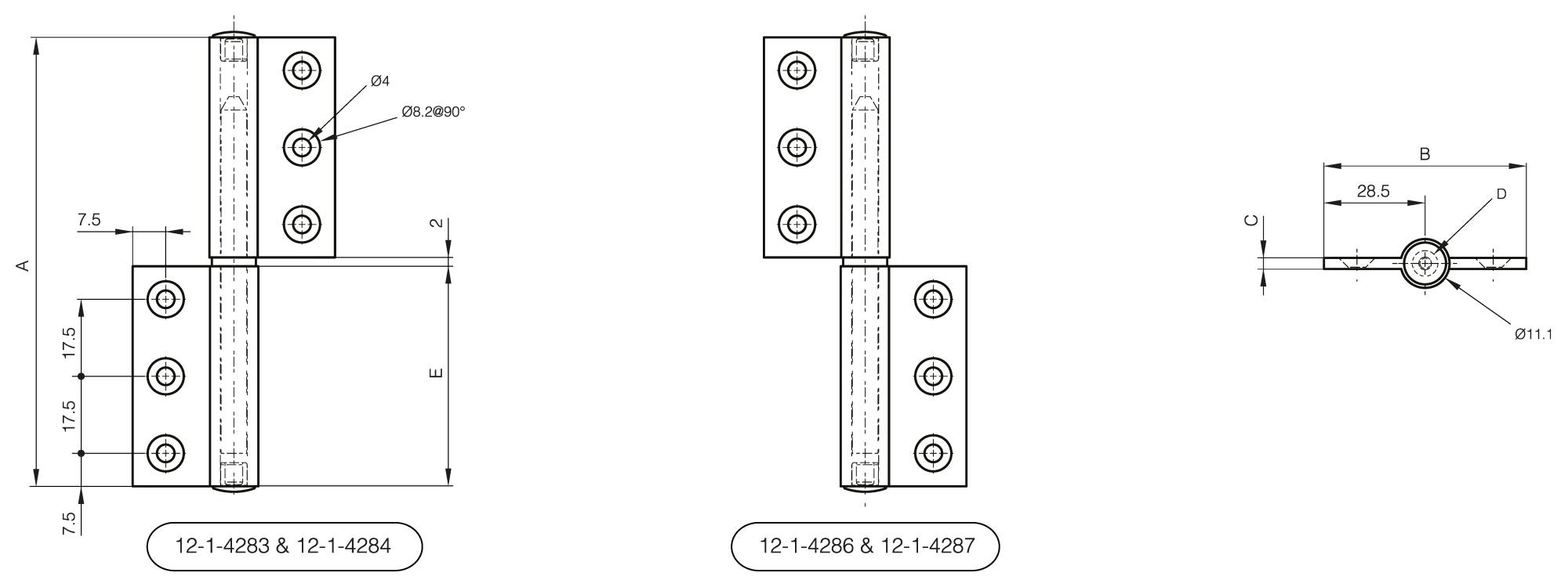 Lift-off hinges in aluminium profile with a stainless steel pin