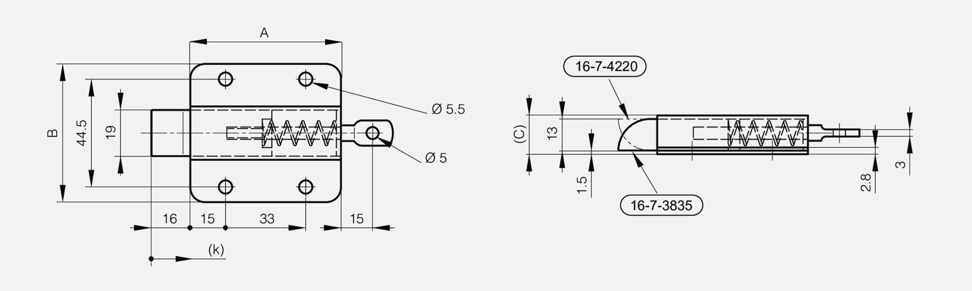 Riegel mit Rückstellfeder - Bolzen unterschiedlich montierbar