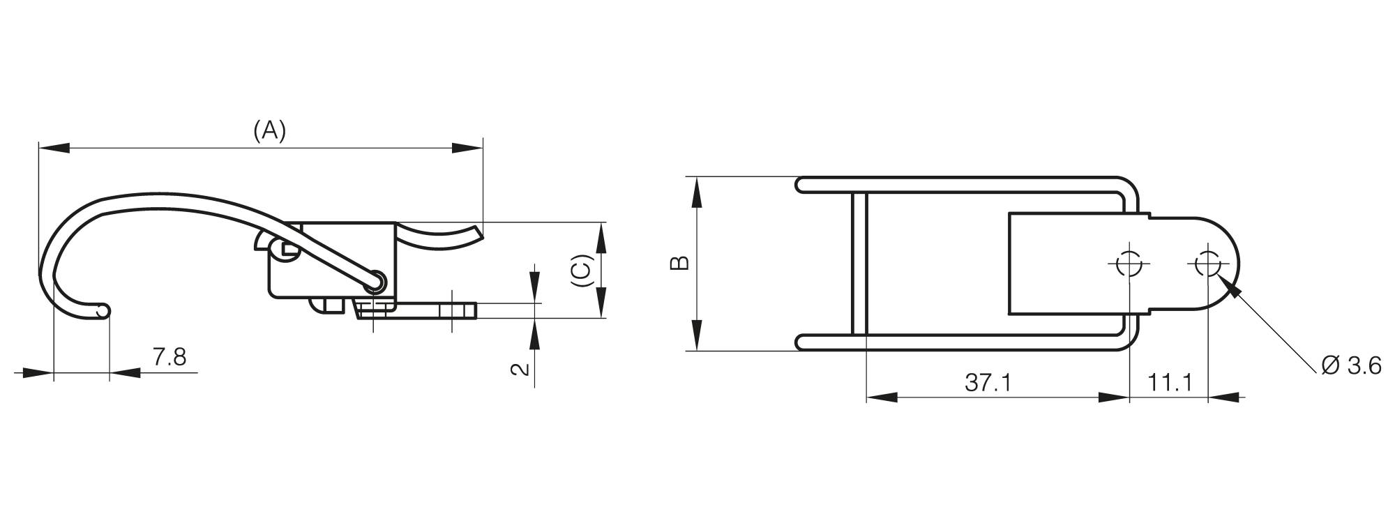 Toggle latch without strike 62.5 mm