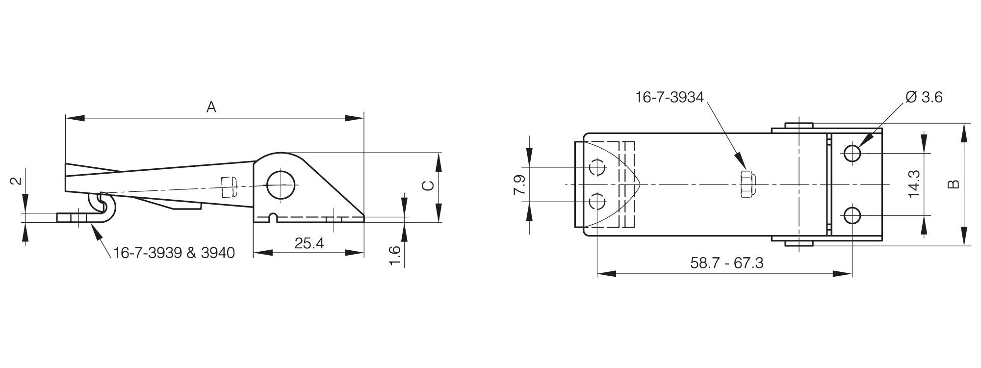 Adjustable toggle latches without strike 70.6 mm