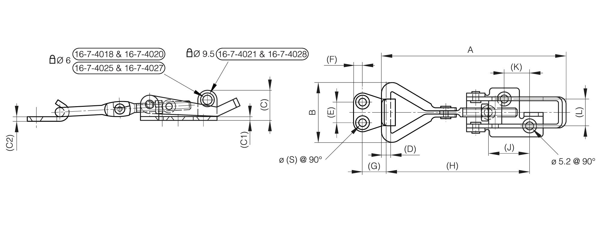 Adjustable toggle latches with strike - padlockable - 82 mm to 118 mm