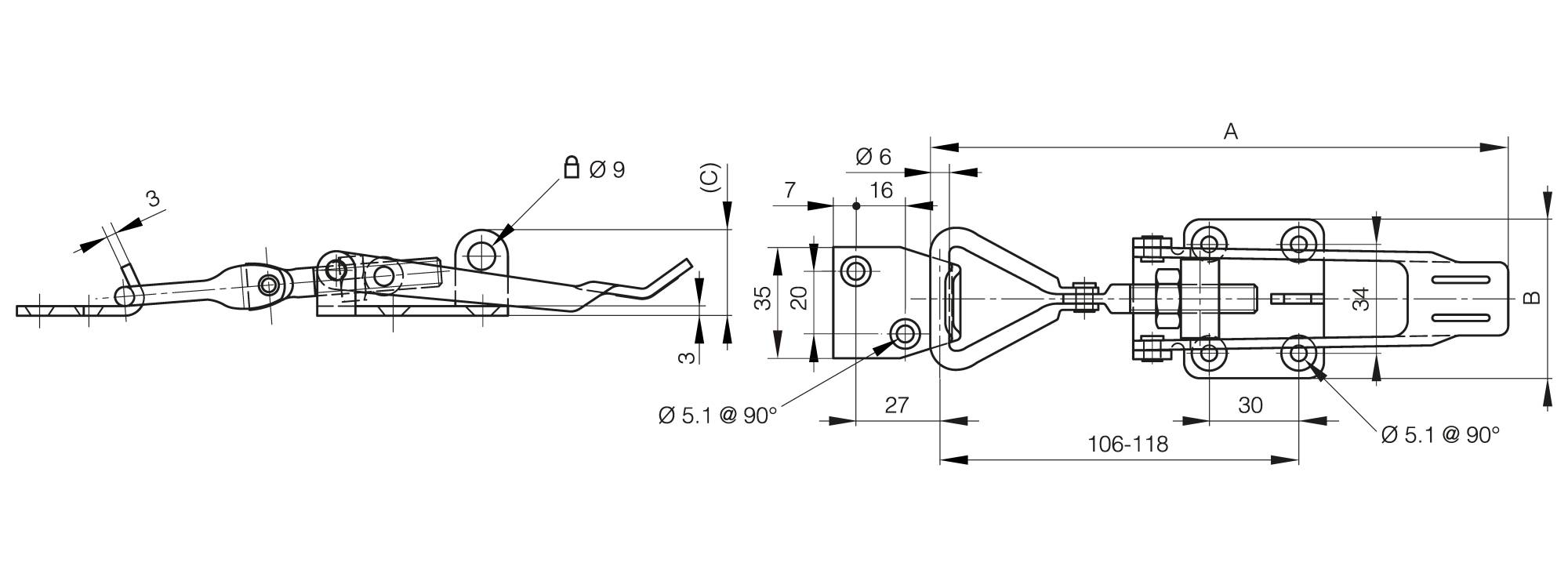 Adjustable toggle latches with strike - padlockable - 174 mm
