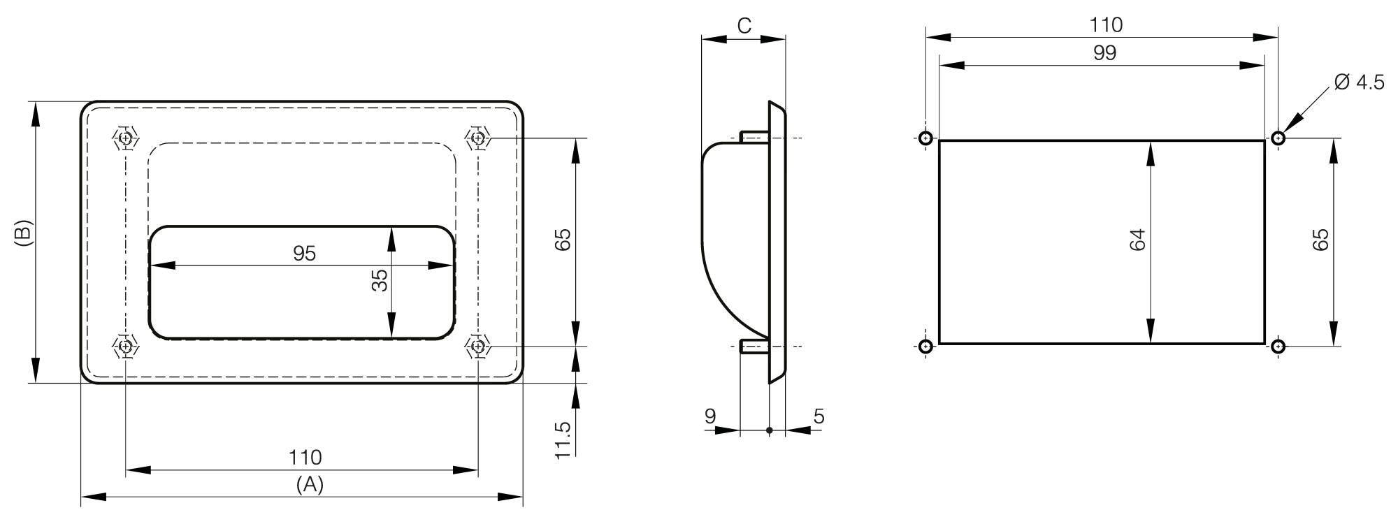 Bolt-on flush handle 138 x 88 mm