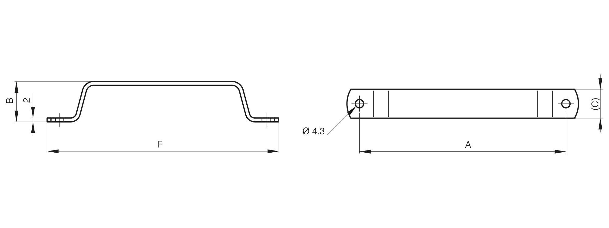 Front mounted grab handles 107 mm in steel or stainless steel