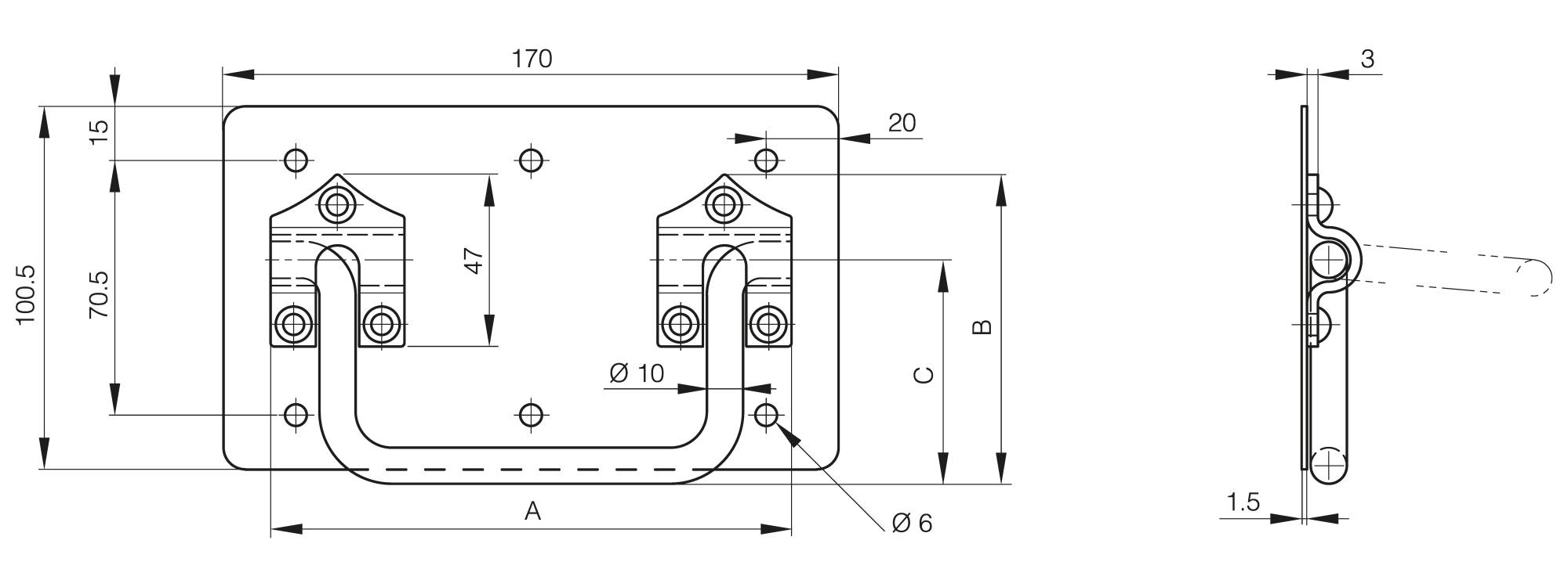 Lose Fallgriffe 141 x 85 mm mit Platte - Höchstbelastung 60 kg