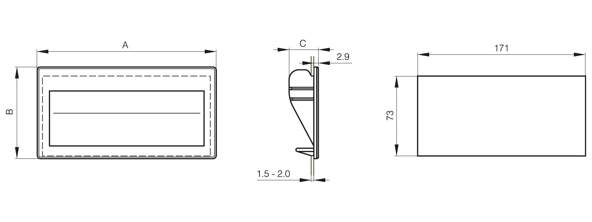 Flush handle with fixing clips 187 x 79 mm