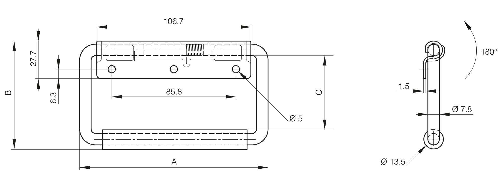 Spring loaded handles - load 34 kg - 180° opening