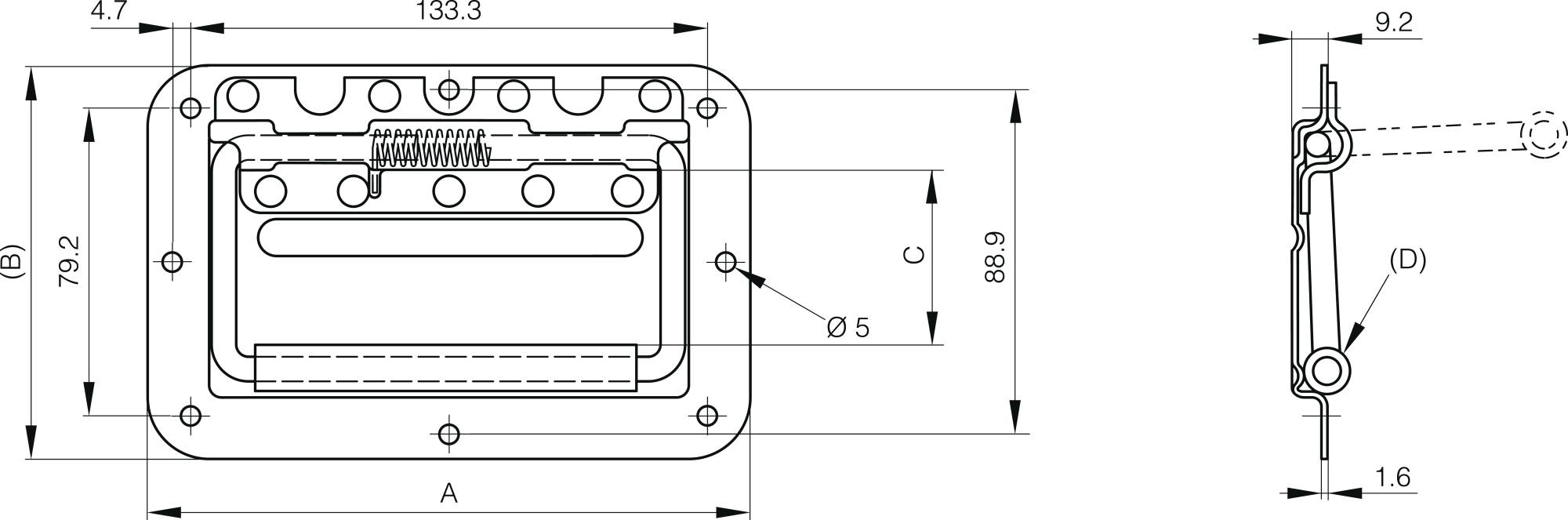 Recessed spring loaded drop handles 155.5 mm - load 57 kg