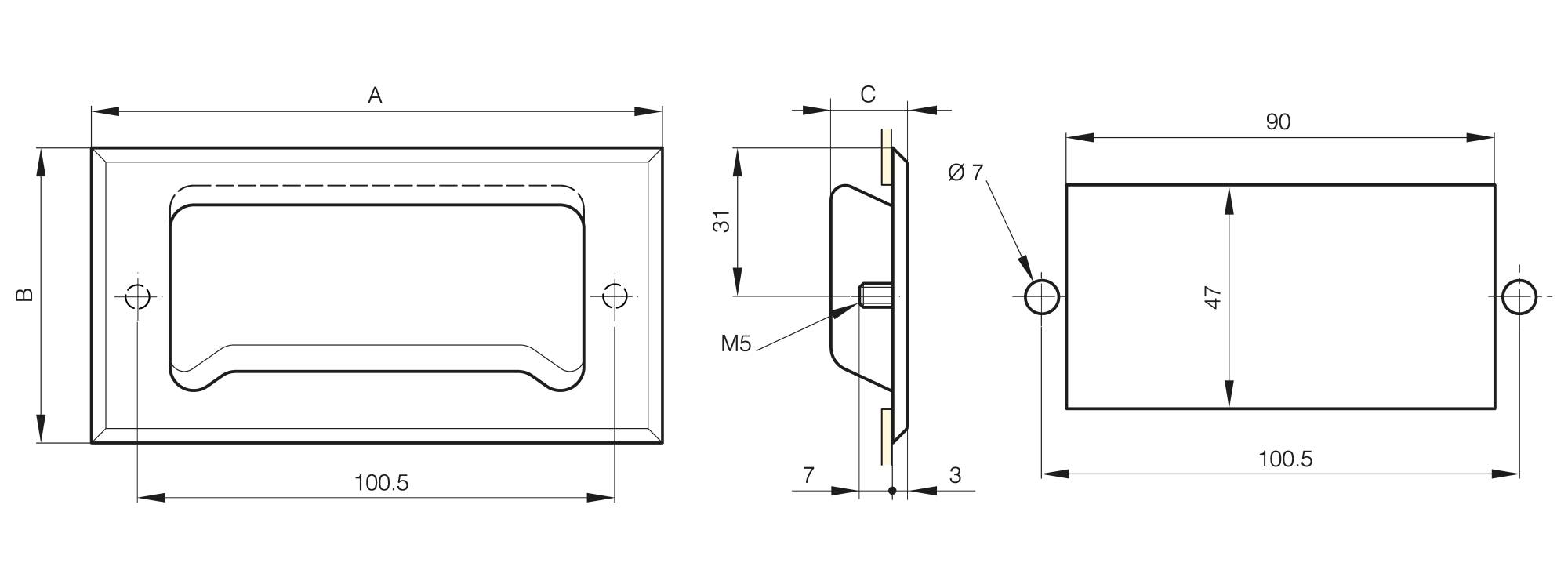 Bolt-on flush handle 120 x 62 mm