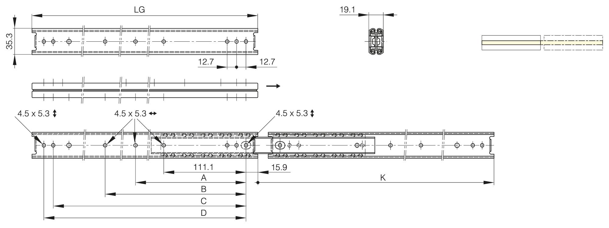 Full extension ball-bearing slide (3 pieces), front disconnect and positive stop