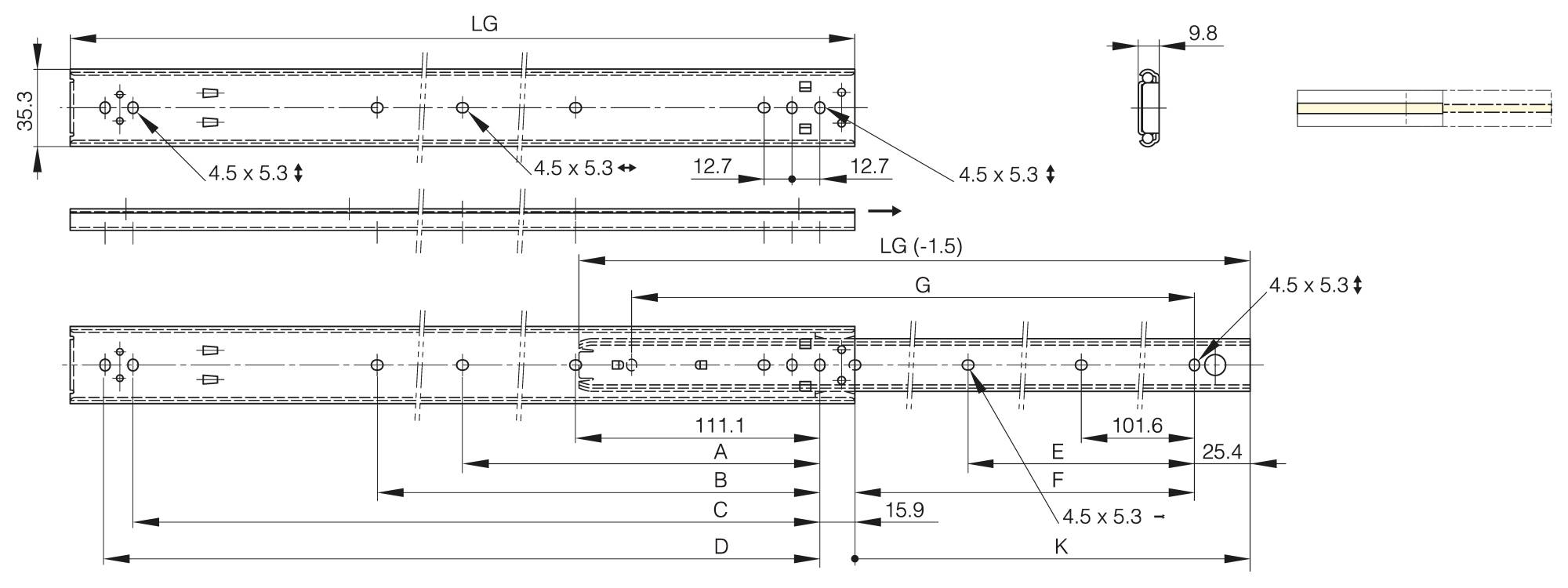 3/4 extension ball-bearing slide (2 pieces), front disconnect