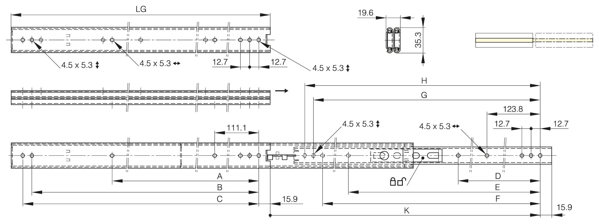 Full extension ball-bearing slide (3 pieces), front disconnect and positive lock