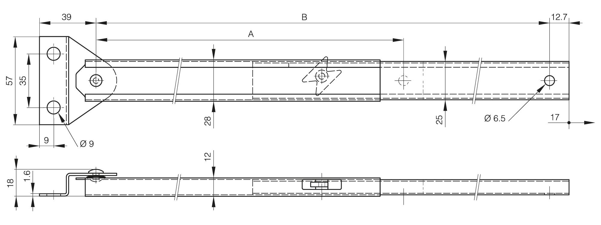 Support stay with automatic release - 495 mm long