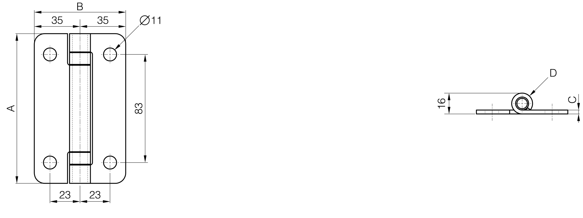 Schwerlastscharnier mit Bronzebuchse 115 x 70 mm
