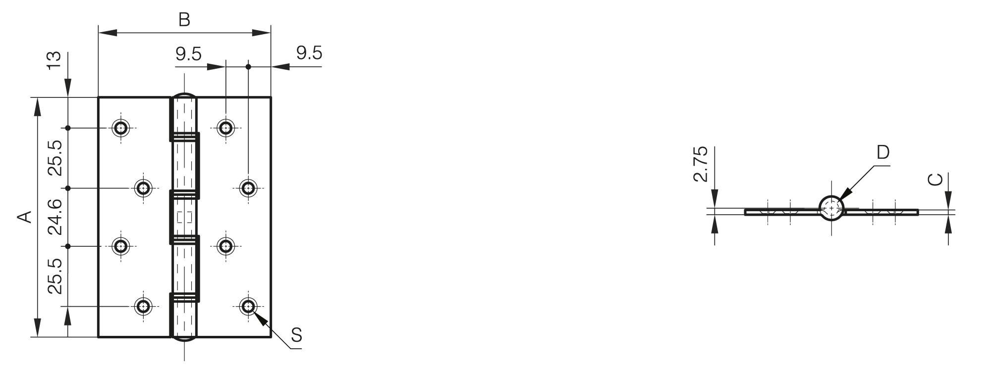 Edelstahlscharnier mit Unterlegscheiben 101,6 x 73 mm