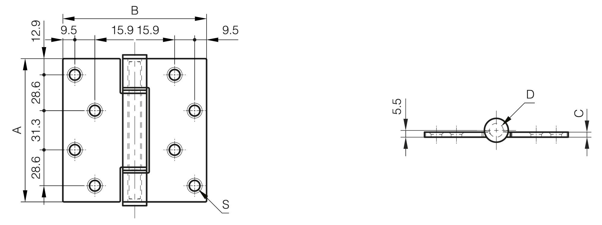 Edelstahlscharnier mit Bronzebuchsen 114,3 x 114,3 mm