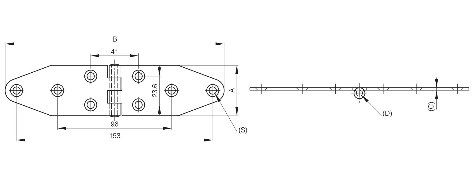 Scharnier für die Bootindustrie 41.5 x 172 mm