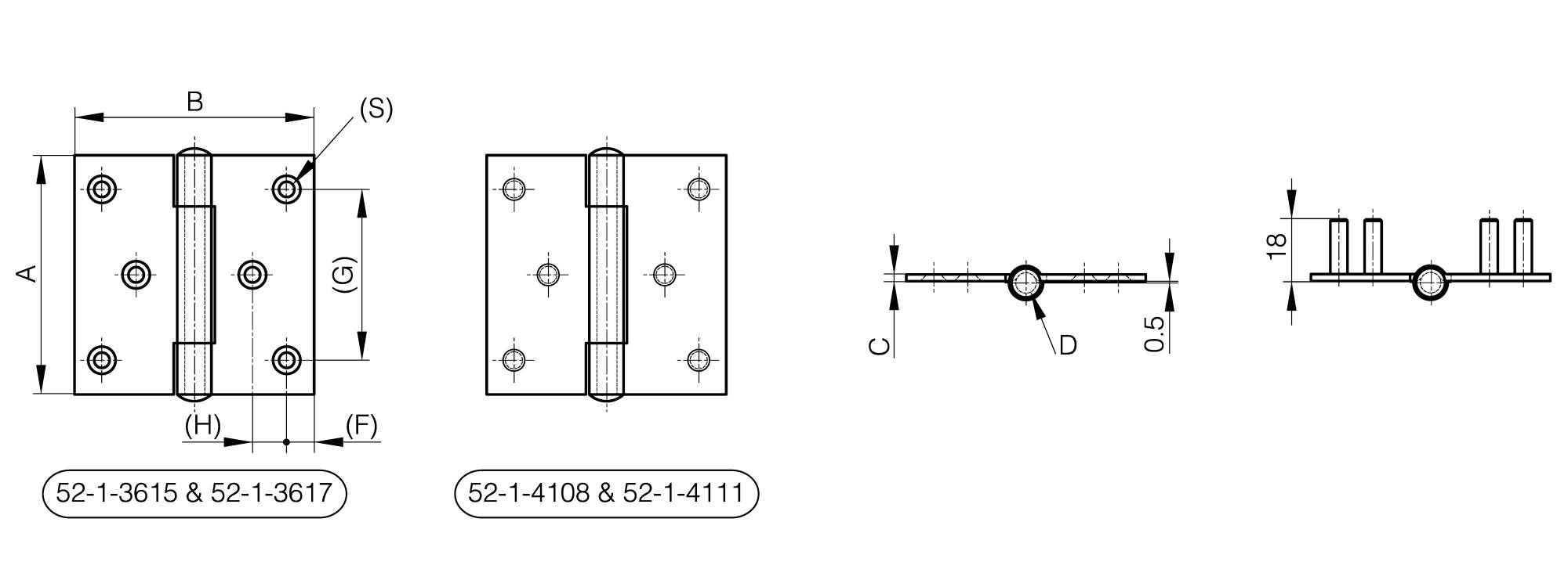 Square hinges with two offset leaves and riveted pin - with 6 holes