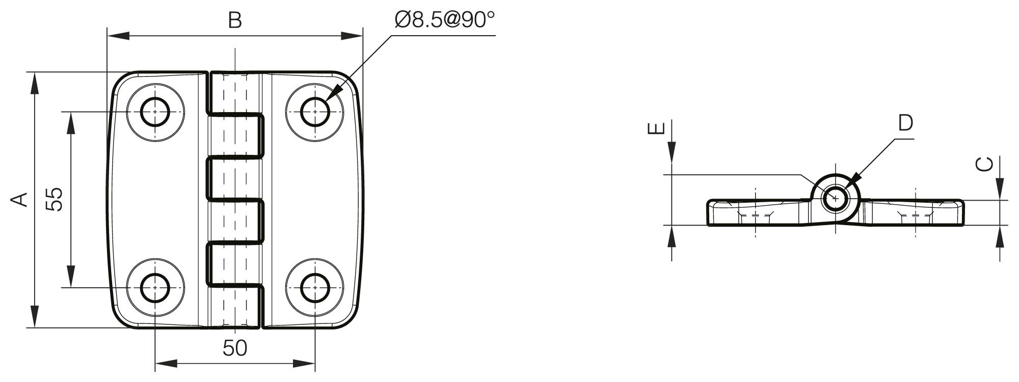 Quadratisches-Polyamid-Scharnier mit Carbonfaserfüllung und 4 Bohrungen
