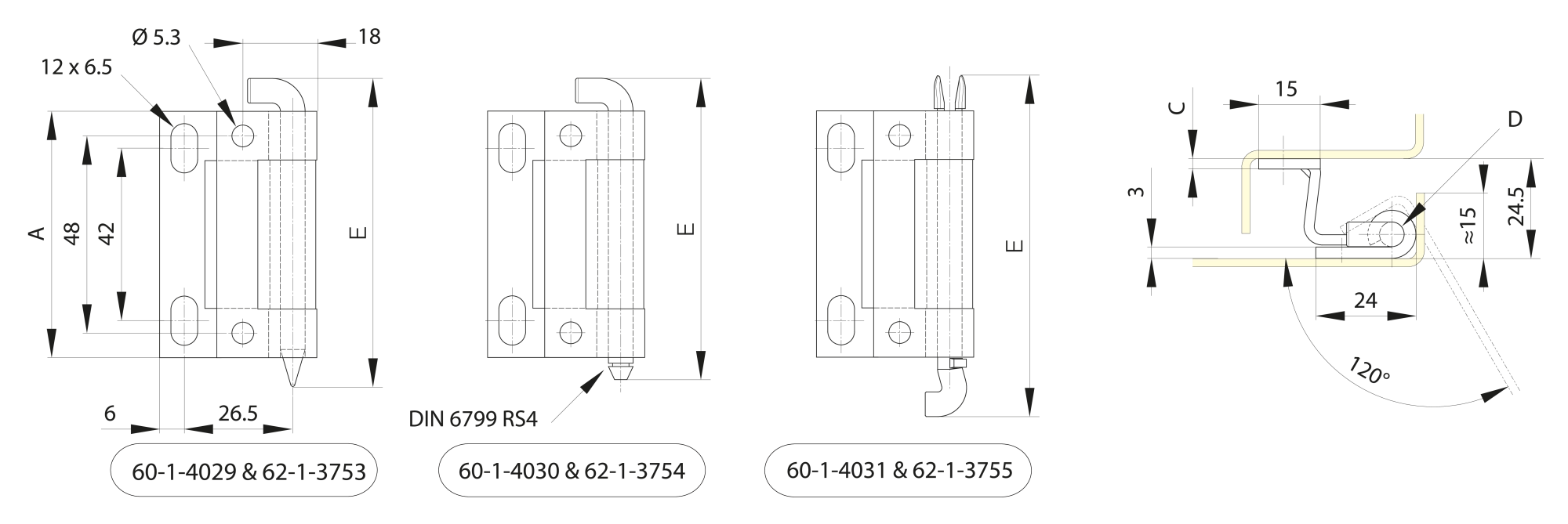 Unsichtbare Scharniere mit Öffnungswinkel 120° A