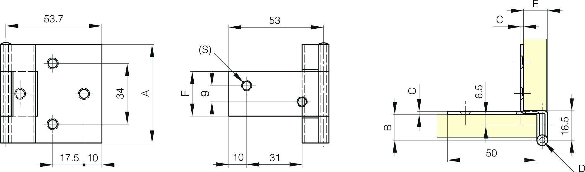 Small butt hinge with two cranked leaves 55 x 53.7 mm