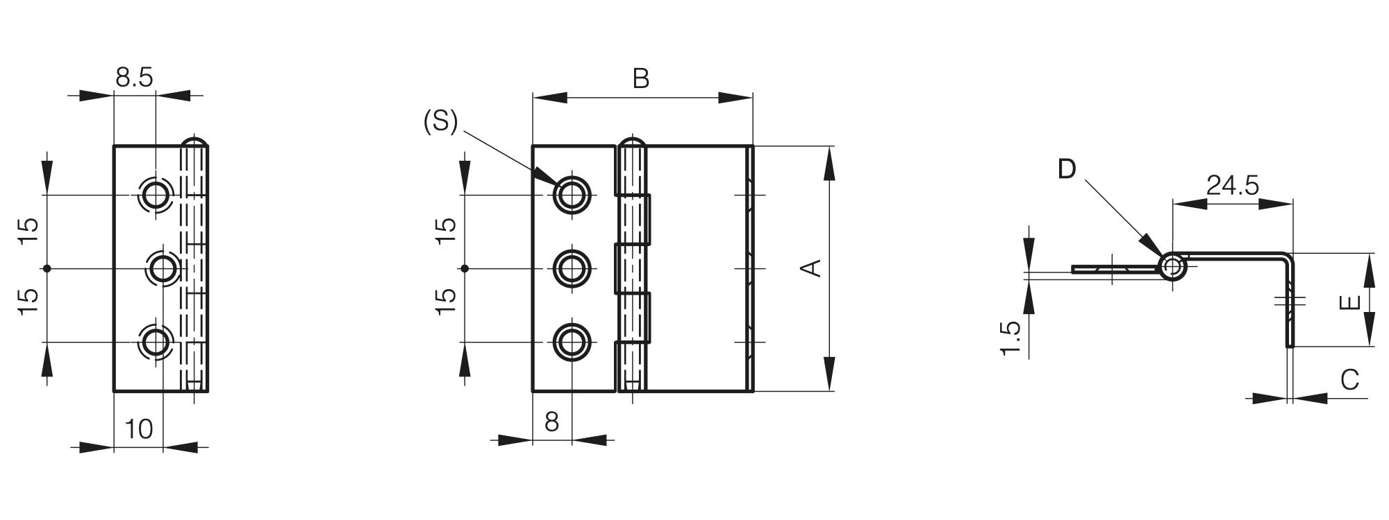 Small butt hinge with one cranked leaf and removable pin 50 mm