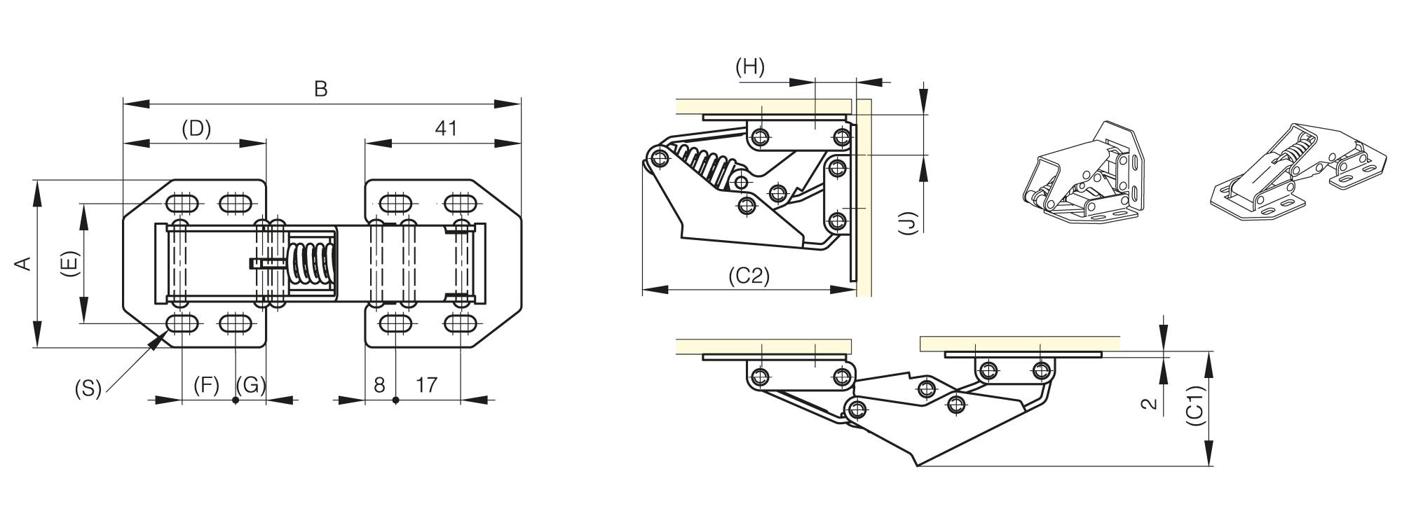 Bistabiles Scharnier für unsichtbaren Anschlag mit Öffnungswinkel 90° Edelstahl