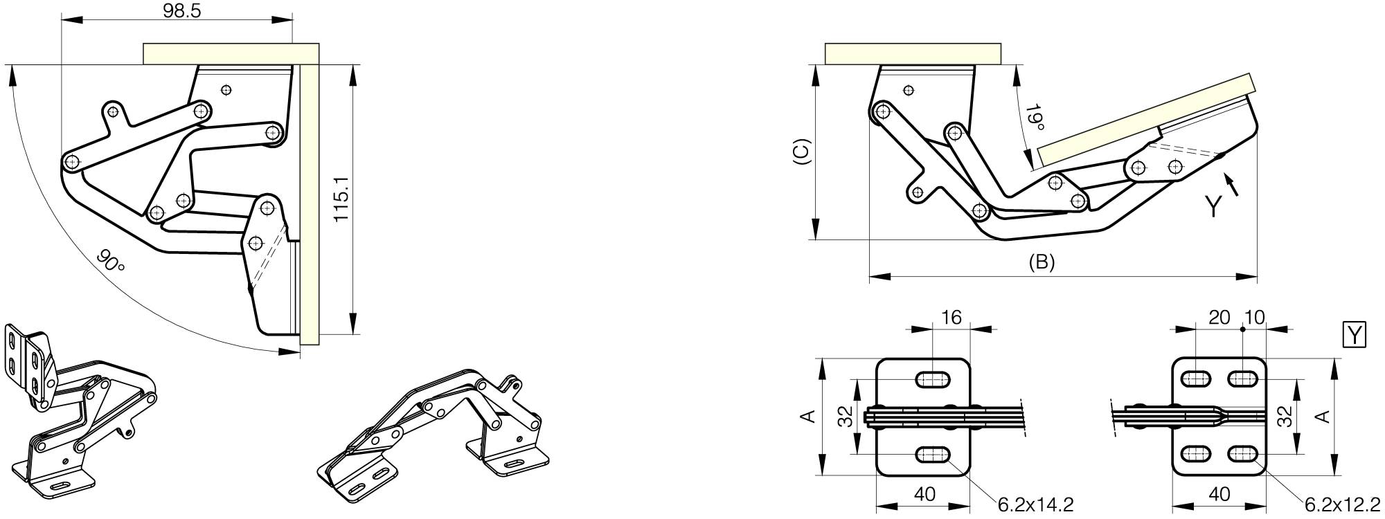 Charnière invisible - 7 axes - platines acier -  ouverture 110°