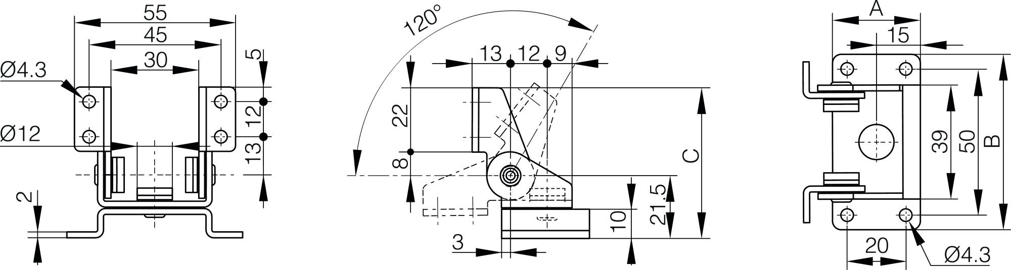 Charnière friction avec 2 axes de rotation - 30 x 60 mm
