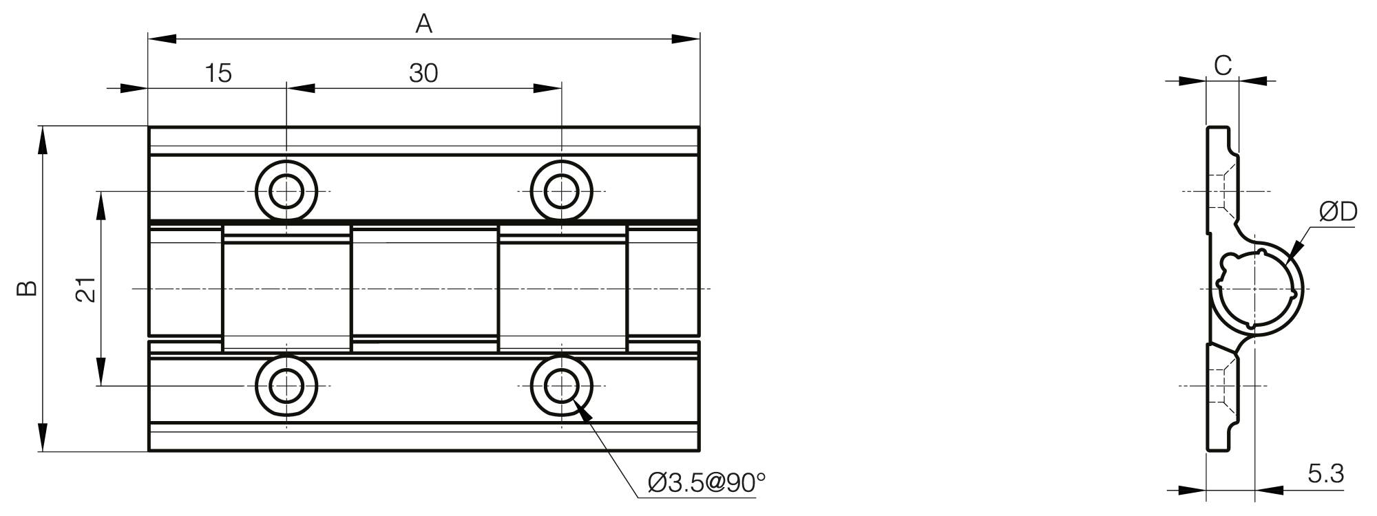 Aluminiumprofil-Spannfederscharniere 0,50 N.m - Durchmesser 8