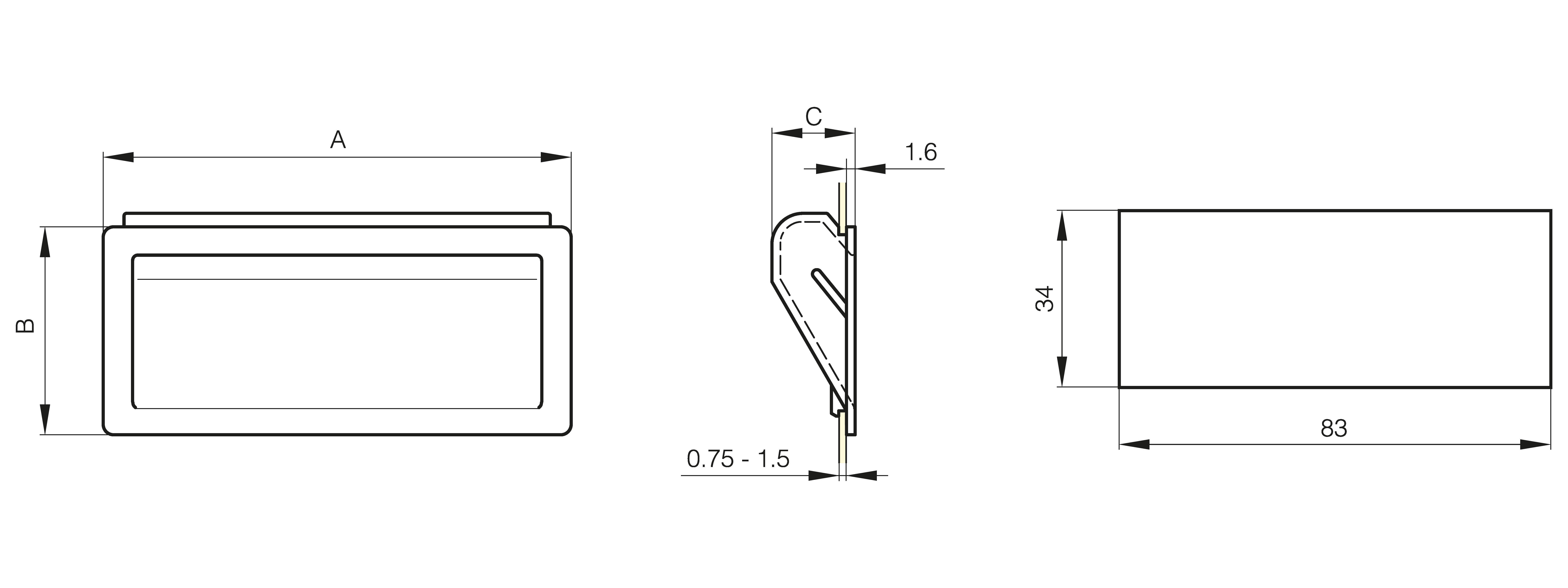Snap-in flush handle 90 x 40 mm